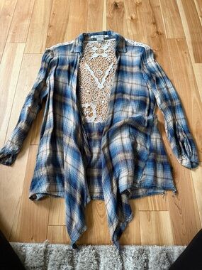 American Rag Blue & Beige Plaid Cardigan with White Crochet Back